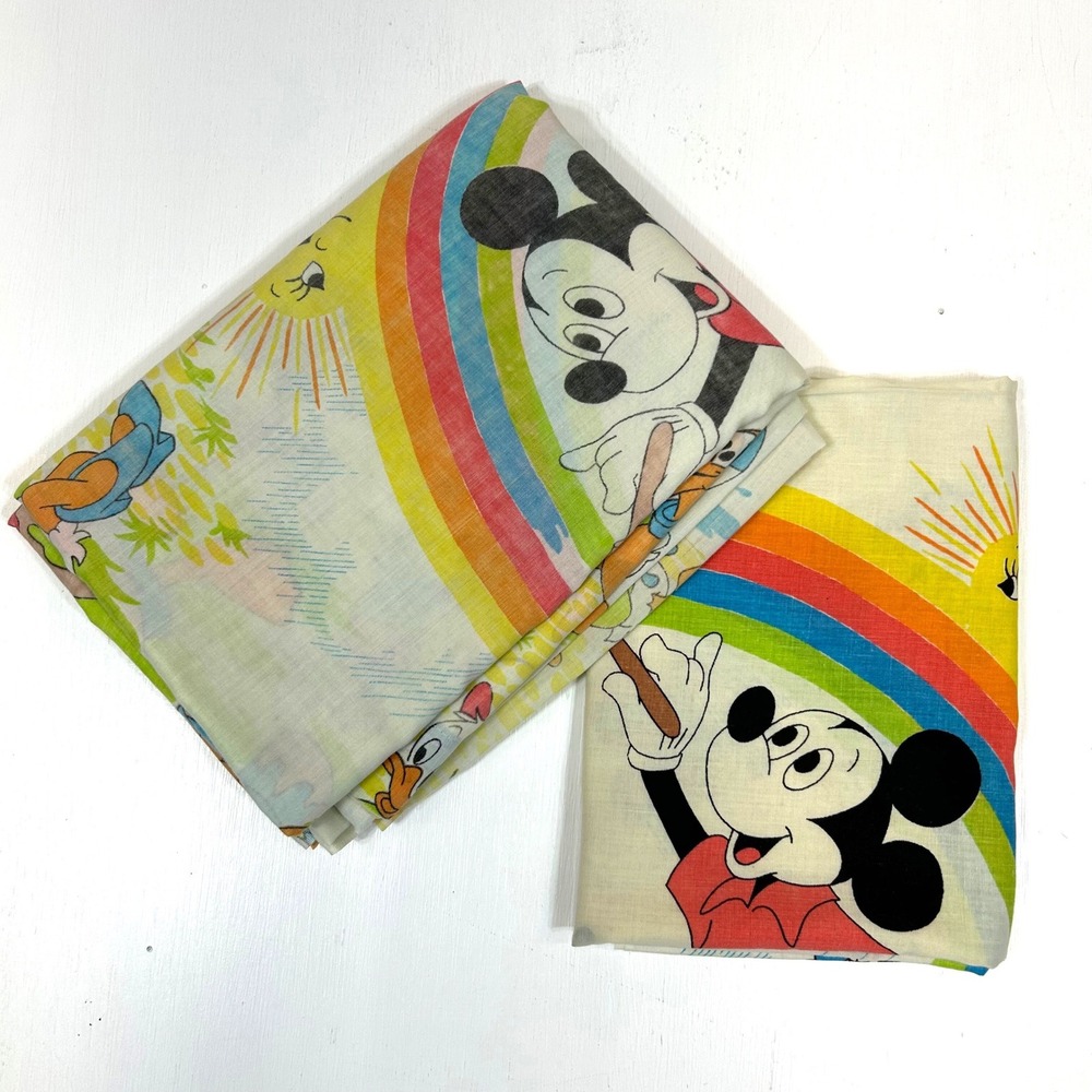Vintage Disney Mickey Mouse Rainbow Twin Flat Sheet and Pillowcase Pacific Mills
